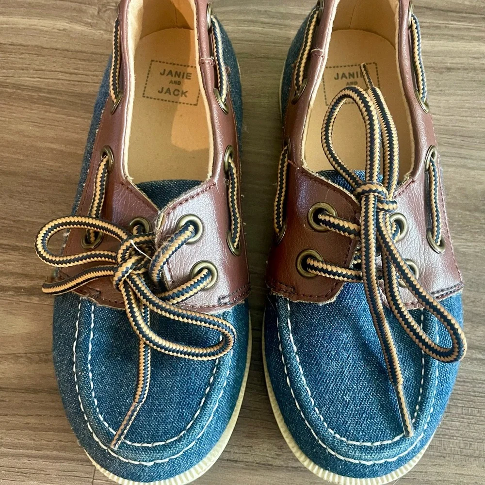 Janie and Jack Denim Blue and Brown Leather Chambray Boat Shoes